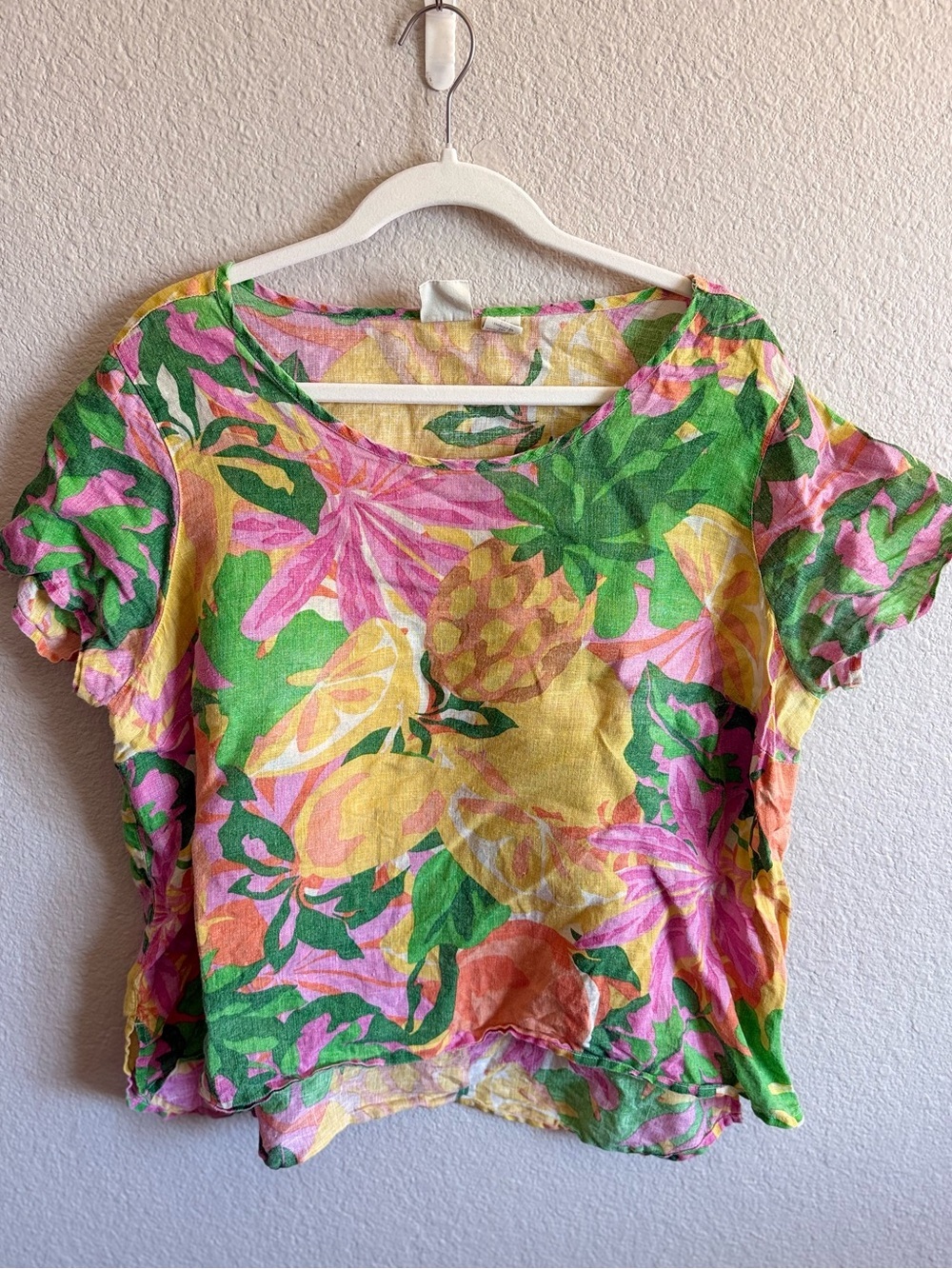 C&C California 100% Linen Tropical Fruit Print Short Sleeve Top Summer Coastal